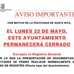 El Ayuntamiento de Torre Pacheco permanecerá cerrado el próximo lunes 22 de mayo.